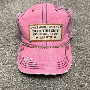 Pink Rhinestone Distressed Truckers Cap with Quote Patch